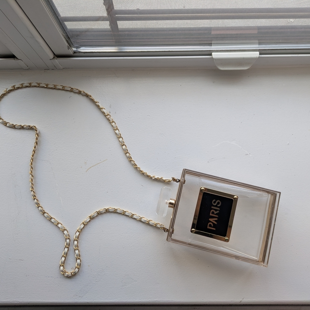 Perfume Bottle Crossbody Purse - Clear Acrylic With Gold Chain.